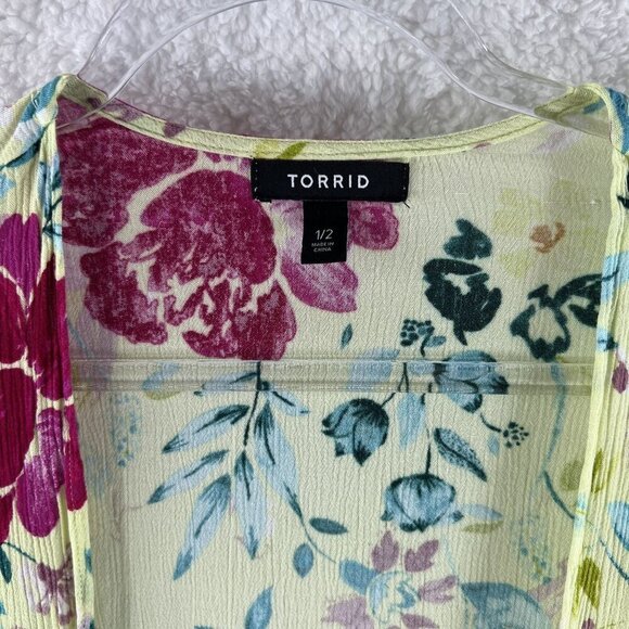 Torrid Womens M-L Floral Kelly Green Kimono Crinkle Gauze Cardigan Bloomcore - Picture 7 of 10